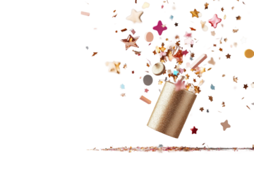 Feierliche Konfettiexplosion mit bunten Sternen und Partikeleffekten, PNG mit transparentem Hintergrund

