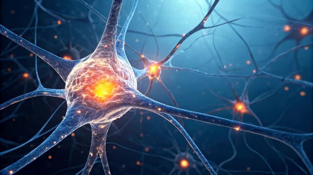 Collection of Footage "3D illustration of a glowing neuron cell with electrical impulses, representing brain activity and neural networks. Perfect for science, medicine"