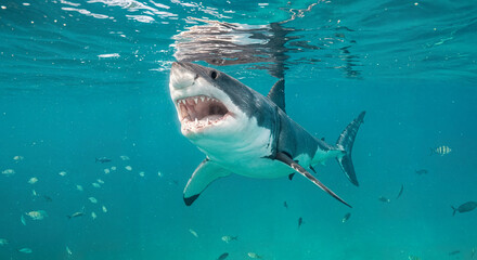 Fototapeta premium Great White Shark Underwater in a Dramatic Scene