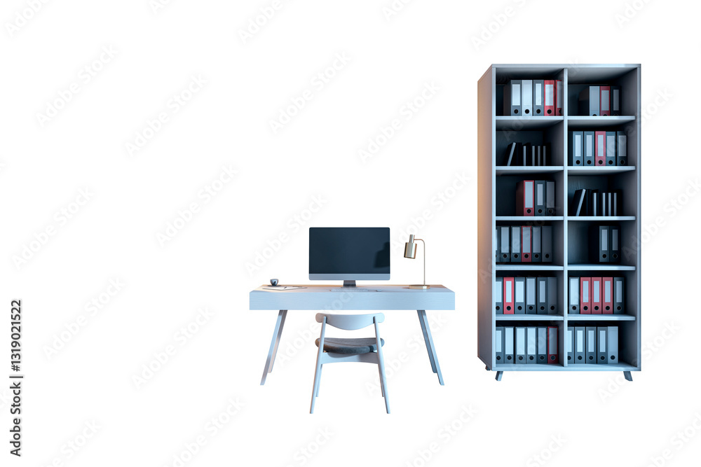 Fototapete office desk with computer, lamp, and chair beside a tall bookshelf filled with binders, isolated on 