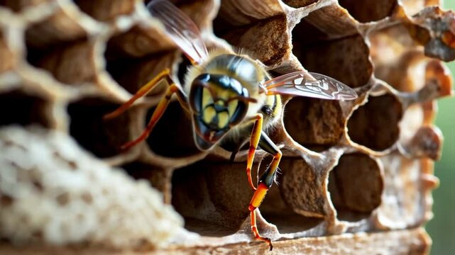 Close-Up View of a Bee on Honeycomb in a Natural Setting, Showcasing Intricate Details of Insect, Honey, and Beekeeping Environment