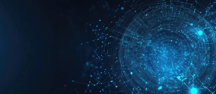 Abstract blue light trail background with glowing dots and lines forming an illuminated tunne