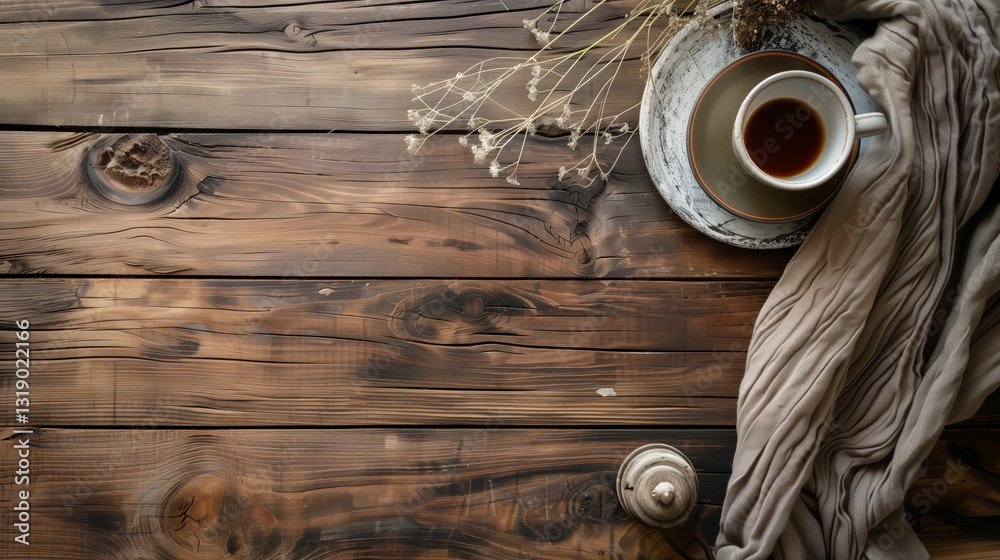 Fototapete table top view copy space background. Empty table with cups and leave. Wooden texture background table desk plank brown surface
