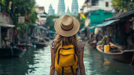 Obraz premium Woman Traveler Backpack Canal Cityscape Asian Temple