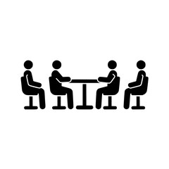 Four figures seated at a table representing a meeting discussion or collaborative work session in a simplified graphic style