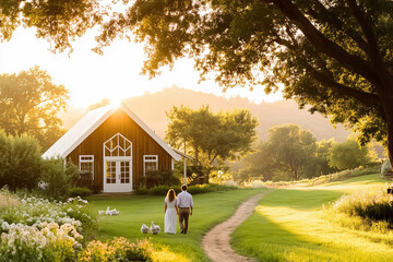 Fototapeta premium Late afternoon sun casts a warm glow over a tranquil farmyard where hens scratch the dirt playfully, complemented by a rustic wooden shed nestled among greenery