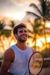 Fotobehang young, athletic male tennis player with a bright smile, enjoying a sunset on a tropical court. fit physique and a relaxed expression, wearing a white tank top and holding a tennis racket. palm trees  © Mariia Reimche