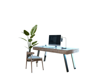Wooden office desk with metal legs, computer, lamp, chair, and green plant. Isolated on white background. Clean workspace layout. 3D Rendering.