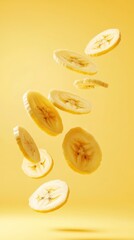 Golden Thinly Sliced Banana Chips Falling Mid-Air with Motion Blur on Warm Yellow Background
