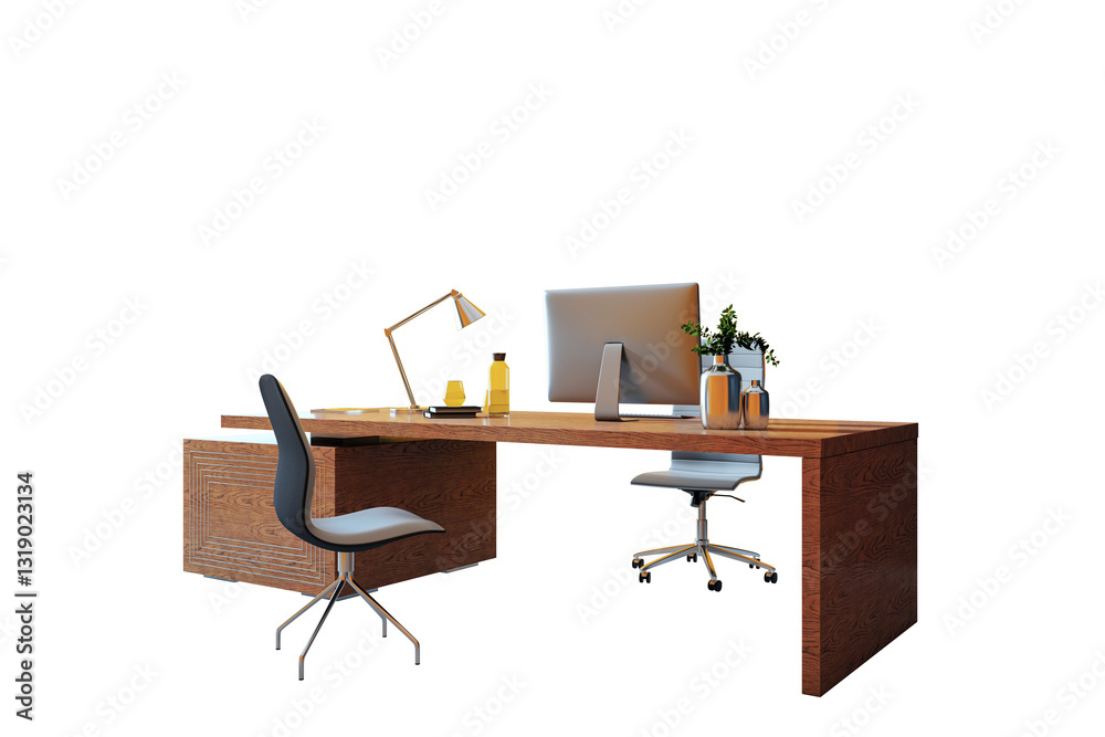 Poster Office desk with computer, lamp, and decor, isolated on white background. Clean and modern workspace layout. 3D Rendering
