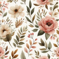 Botanical Elegance Seamless Floral Art Featuring Hand Painted Roses Leaves and Wild Berries in a Harmonious Composition