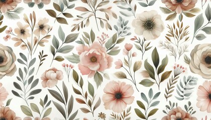 Vintage Botanical Print Beautiful Hand Drawn Floral Pattern Featuring Soft Roses Leaves and Berries in Earthy Tones