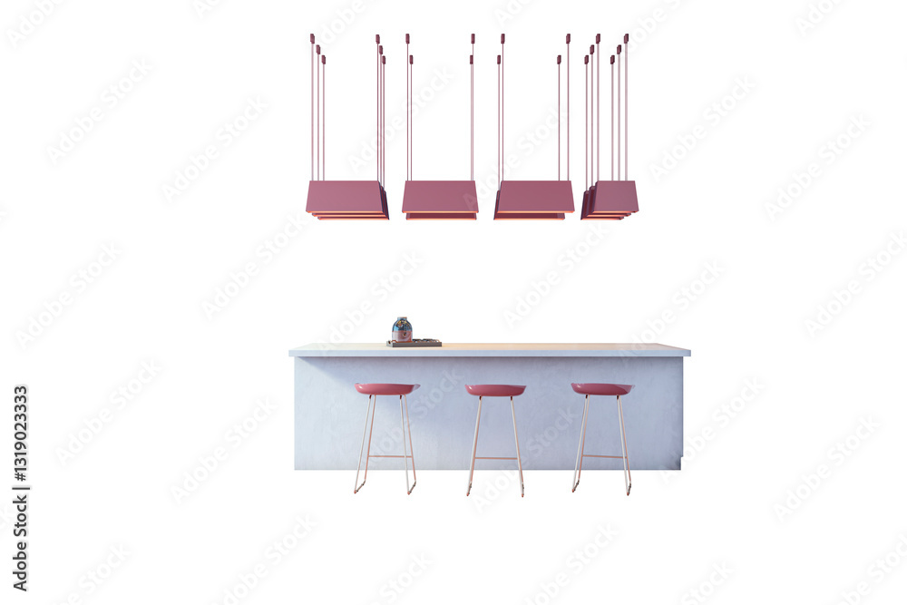 Poster isolated modern kitchen bar with three stools and stylish pendant lights on a white background. clea