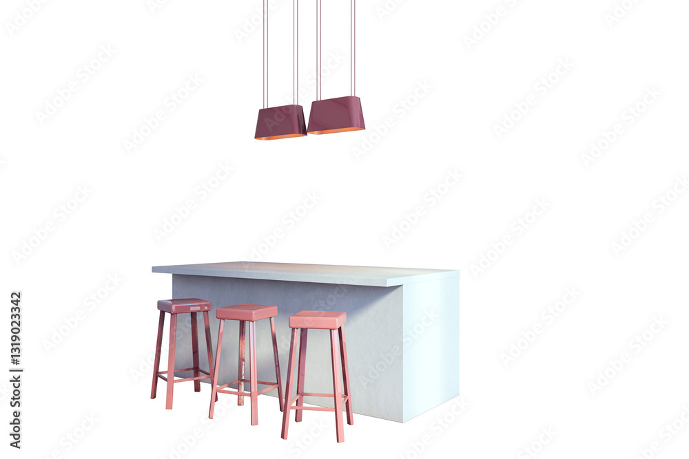 Aufkleber kitchen island with pink stools and pendant lights, isolated on white background. clean design eleme