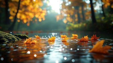 Autumn leaves floating on calm forest stream