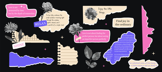 Collage set of wrinkled paper sheets with phrase and photocopy flower. Copy book raged sheet. Old romantic crafts.