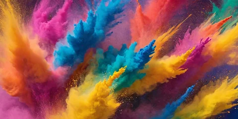 Vibrant Holi Colors Explosion with Dynamic Swirls, Colorful Powder Burst, Yellow-Blue Contrast, Pink-Cyan Clouds, Energetic Brushstrokes, Fluid Art, Bold Composition, Bright and Textured Motion