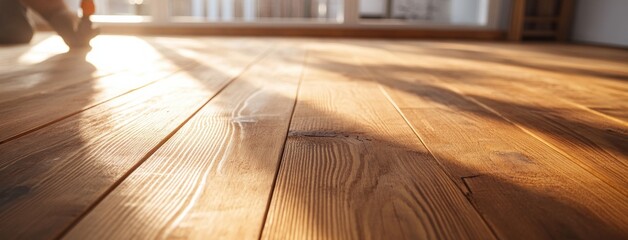 Sunlit wooden floor with shadows in contemporary home interior.