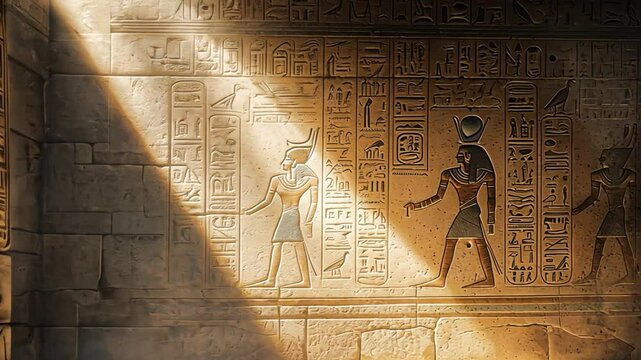 Stunning Sunlight Illuminates Ancient Egyptian Hieroglyphs on Stone Wall Within Historical Temple, Evoking Mysteries of the Past