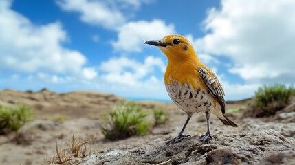 Fototapeta premium Graceful Rodrigues Solitaire Pezophaps solitaria extinct standing on a rocky plateau surrounded by sparse vegetation and open sky