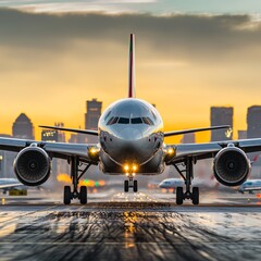 Fototapeta premium Airplane taxiing on runway at sunrise, city skyline background; travel, transportation