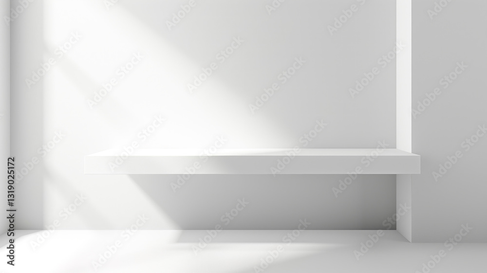 Poster White table mock up background. White table sunlight and shadows with white walls. Empty table copy space geometrical form