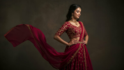 A captivating image of a young woman elegantly poised in a stunning maroon lehenga choli, a traditional Indian garment.