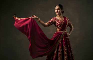 A captivating image of a young woman elegantly poised in a stunning maroon lehenga choli, a traditional Indian garment.