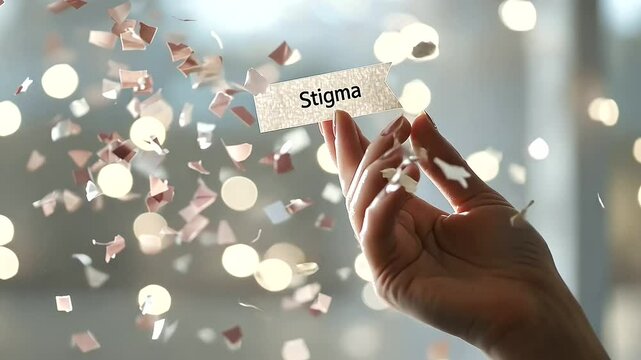 Person tearing up a stigma label with confetti falling