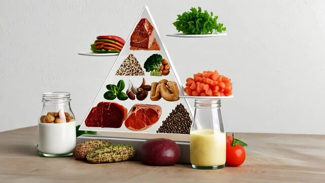 Nutritional Food Pyramid Display Featuring Various Food Groups Including Meats, Dairy, Vegetables, Healthy Fats, and Grains for Health Education and Wellness
