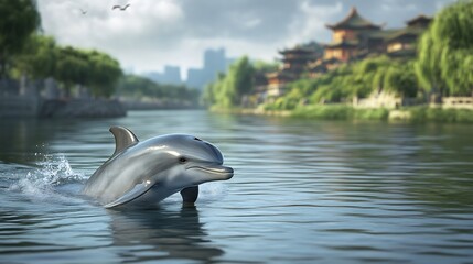 Obraz premium Graceful Yangtze River Dolphin Lipotes vexillifer extinct gliding through a calm river surrounded by lush green banks and traditional Chinese landscapes