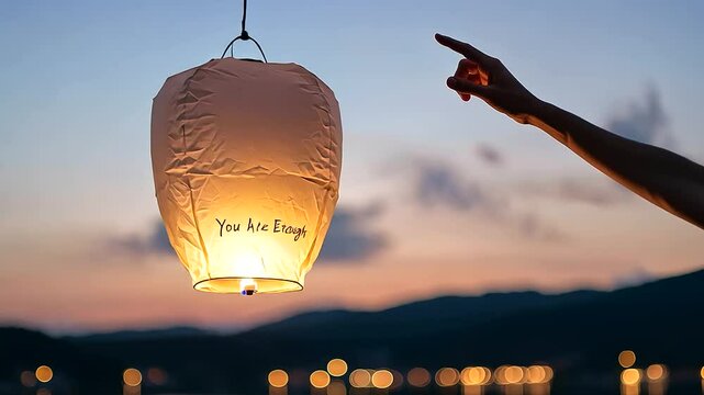 Releasing a paper lantern with "You Are Enough" at twilight