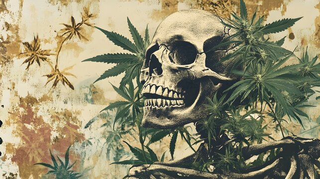 Skull and Cannabis Plants Symbolizing Psychedelic Lifestyle and Counterculture
