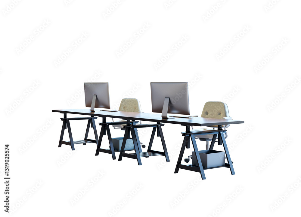 Poster Office desk setup with three computers and chairs, isolated on white background. Clean and modern workspace layout for business or coworking. 3D Rendering.