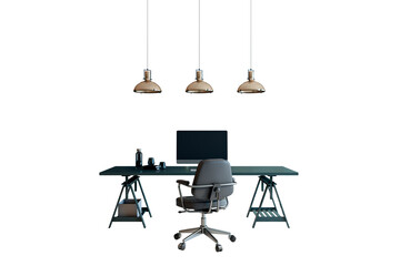 Stylish office desk setup with ergonomic chair, computer, and three pendant lamps, isolated on white background. Workspace design concept. 3D Rendering.
