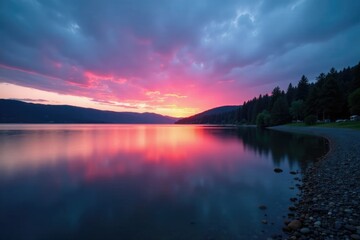 Obraz premium Desolate lake shore at dusk with long exposure soft focus, sky, peaceful