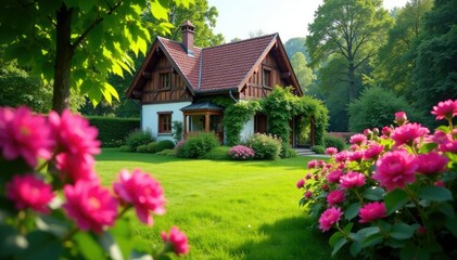 Der Garten ist voller Blumen und Sonnenblumen um das alte Ziegelhaus herum, blumen, natur