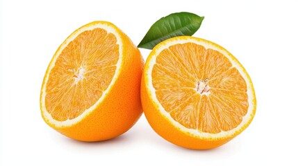 Fototapeta premium Two Orange Halves with Green Leaves on White Background