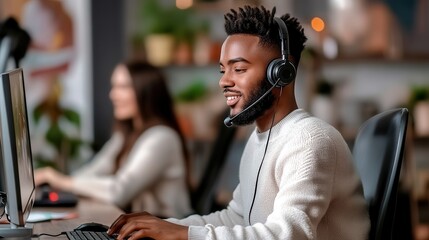 Young african male customer support agent engaged in a call at modern office.