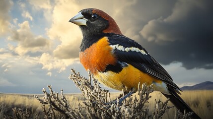 Striking Bonin Grosbeak Carpodacus ferreorostris extinct perched on a barren shrub its bold plumage contrasting against a dramatic sky