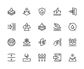 Fabric properties related vector linear icons set. Contains such icons as fabric, sun protection, anti-static, strength and more.