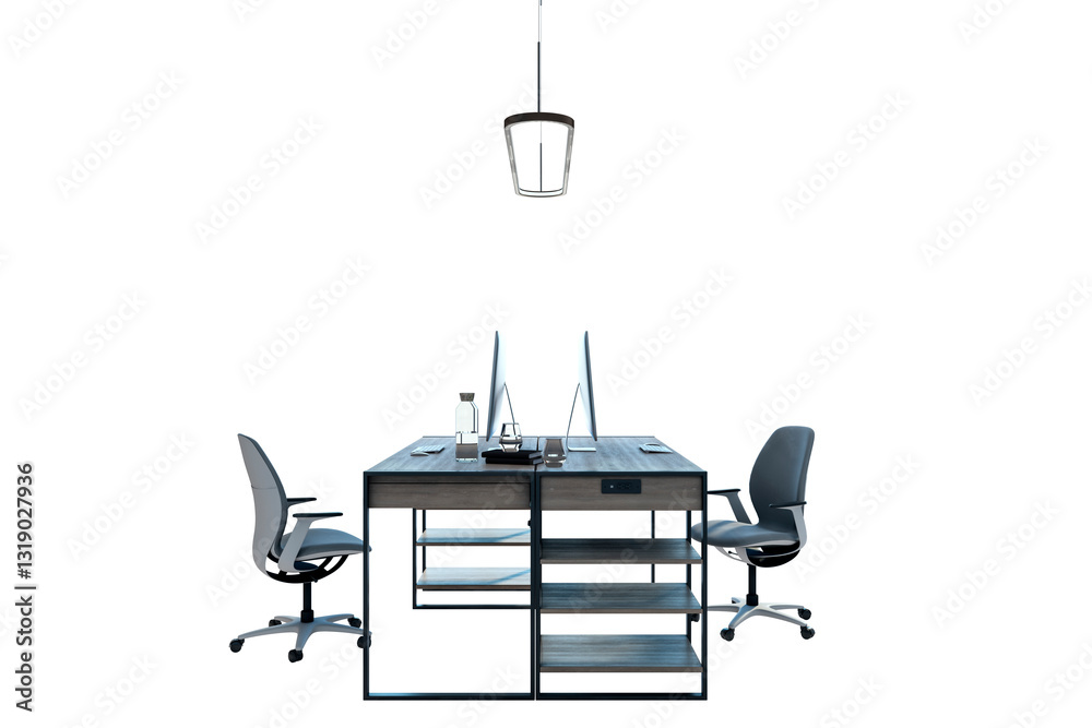 Poster Office desk with two chairs, computers, and decor, isolated on white background. Clean and professional workspace layout for modern design. 3D Rendering.