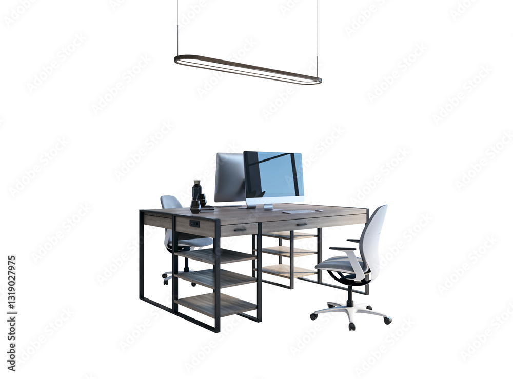 Poster Stylish office desk setup with chairs, monitor, and lamp isolated on white background. Clean and modern workspace concept. 3D Rendering.