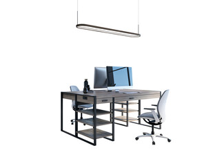 Stylish office desk setup with chairs, monitor, and lamp isolated on white background. Clean and modern workspace concept. 3D Rendering.