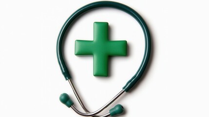 Obraz premium Green Cross and Stethoscope on White Background
