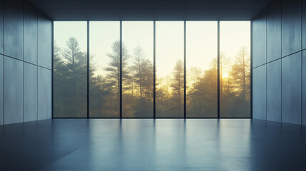 Fototapeta premium Modernist Concrete Hall with Illuminated Windows, Symbolizing Simplicity and Clean Minimalist Architecture