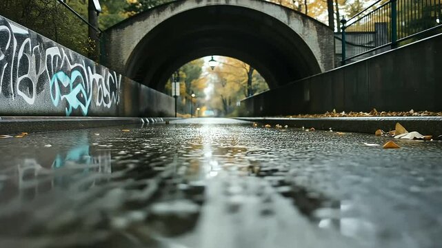 Sewage Tunnel Entrance with Graffiti and Water Flowing