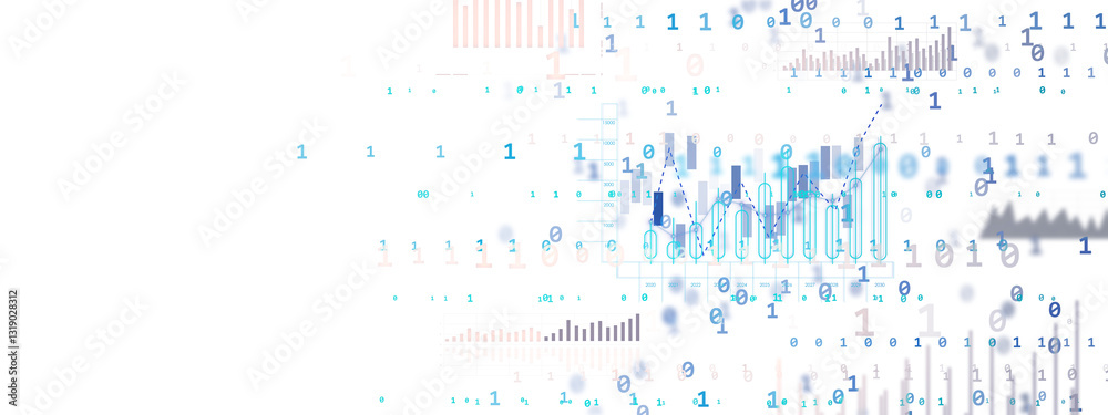 Poster Financial data visualization with charts, binary digits, and analytics elements on a white background. Concept of big data and analytics. 3D Rendering.