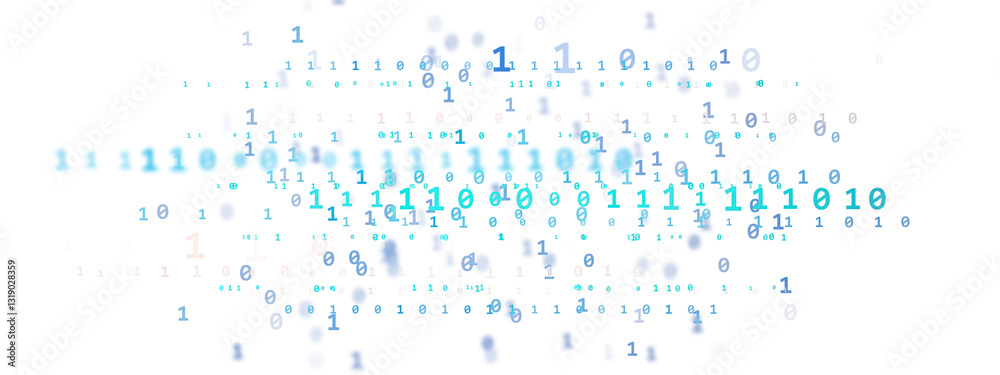 Fototapete Abstract binary code elements in blue shades on a white background, representing digital technology, data processing, and cyber concepts. 3D Rendering.
