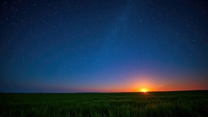 Dark blue sky with twinkling stars above a lush green meadow at sunset, peaceful, landscape
